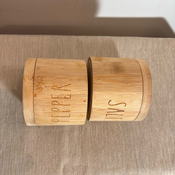 RAE DUNN Salt and Pepper Carved into the  Bamboo Cellars Containers - Picture 3 of 8